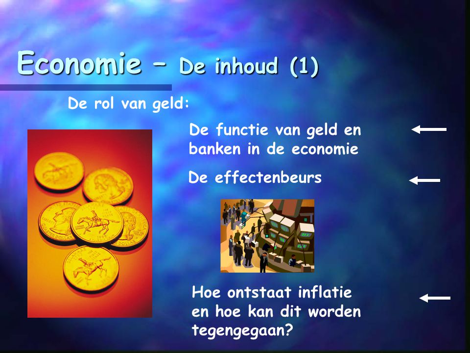 Economie – De inhoud (1) De rol van geld: