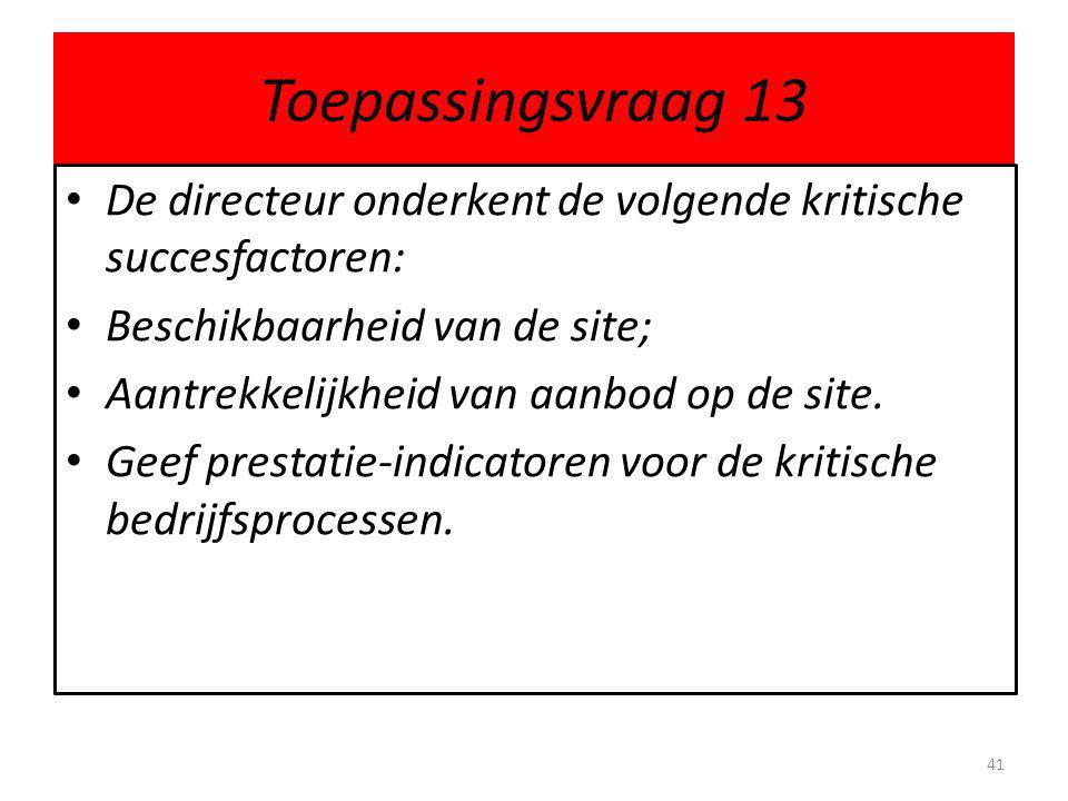 Toepassingsvraag 13 De directeur onderkent de volgende kritische succesfactoren: Beschikbaarheid van de site;