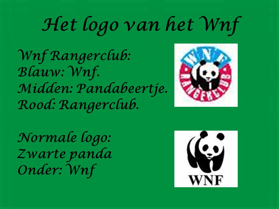 Het logo van het Wnf Wnf Rangerclub: Blauw: Wnf. Midden: Pandabeertje.