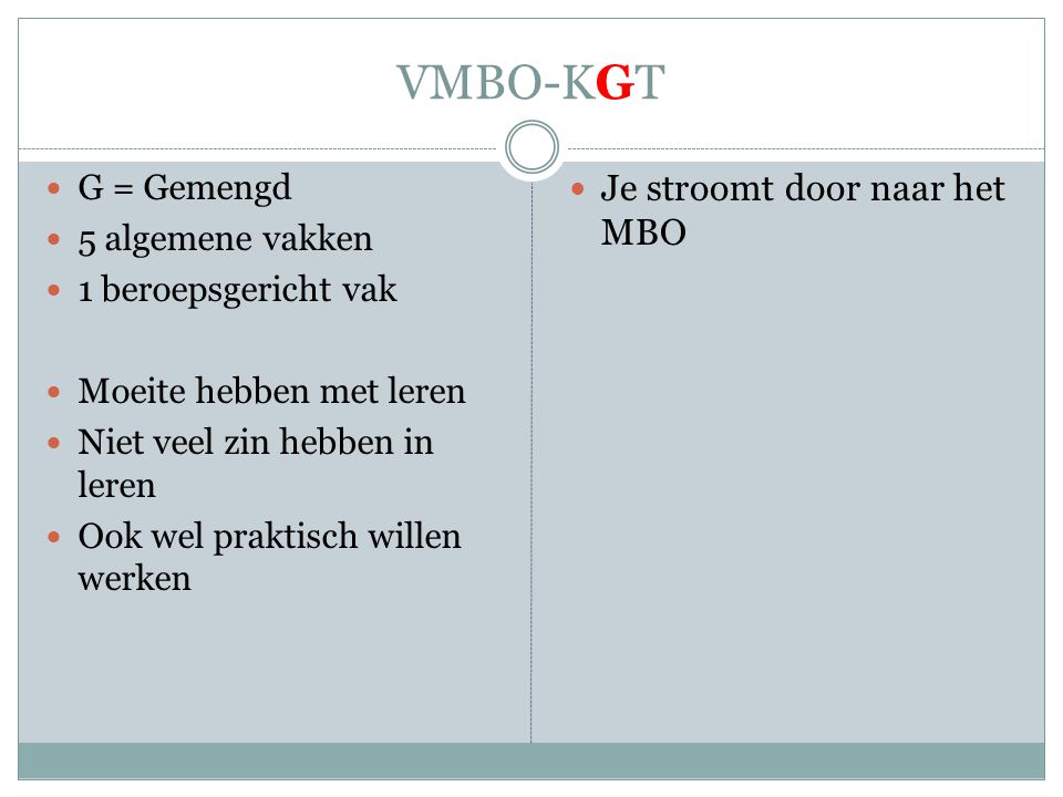 VMBO-KGT Je stroomt door naar het MBO G = Gemengd 5 algemene vakken
