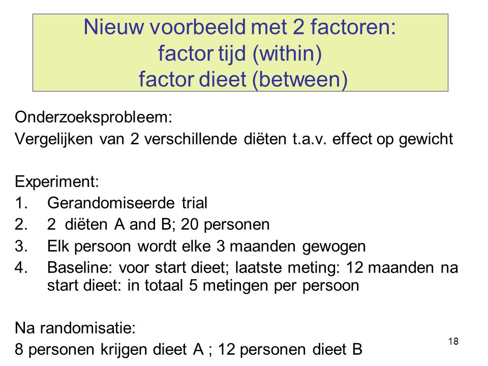 Nieuw voorbeeld met 2 factoren: factor tijd (within) factor dieet (between)