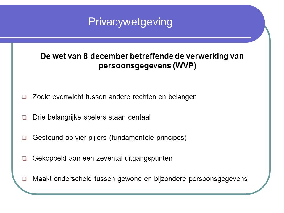 Privacywetgeving De wet van 8 december betreffende de verwerking van persoonsgegevens (WVP) Zoekt evenwicht tussen andere rechten en belangen.