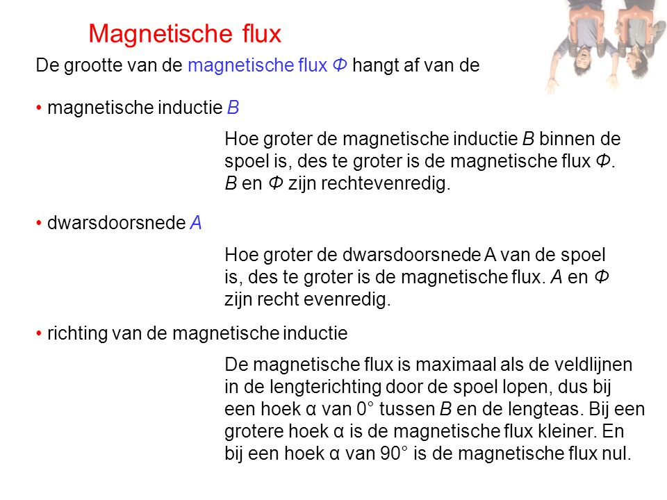 Magnetische flux De grootte van de magnetische flux Φ hangt af van de