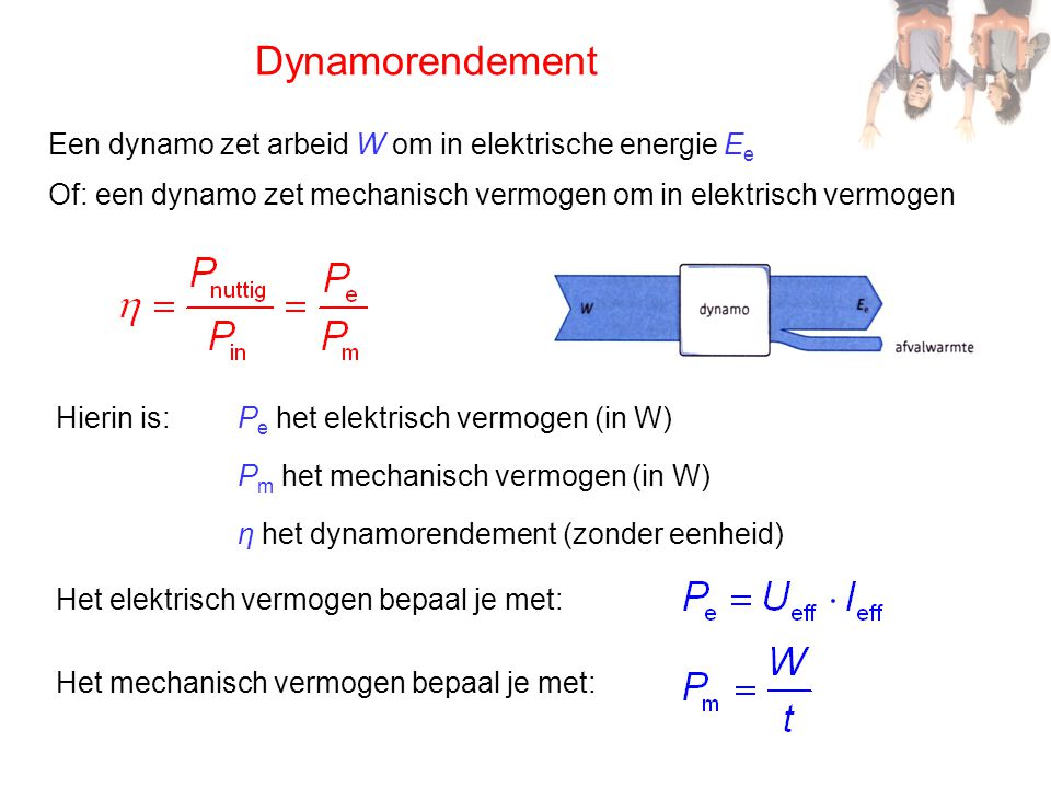Dynamorendement Een dynamo zet arbeid W om in elektrische energie Ee