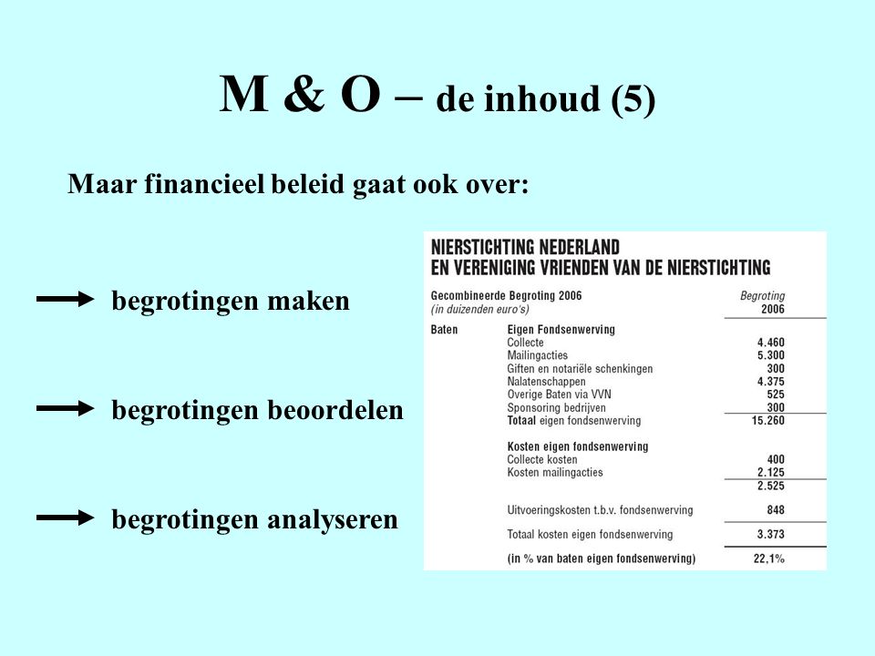 M & O – de inhoud (5) Maar financieel beleid gaat ook over: