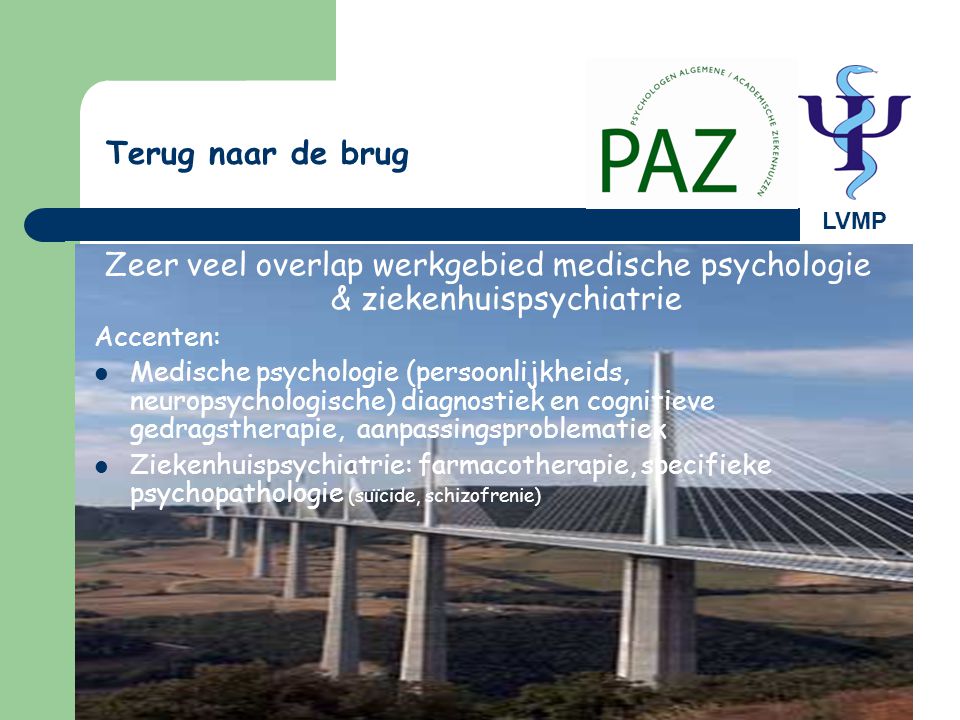 Terug naar de brug LVMP. Zeer veel overlap werkgebied medische psychologie & ziekenhuispsychiatrie.