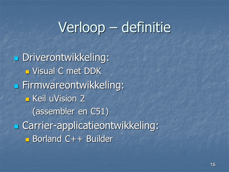 Verloop – definitie Driverontwikkeling: Firmwareontwikkeling: