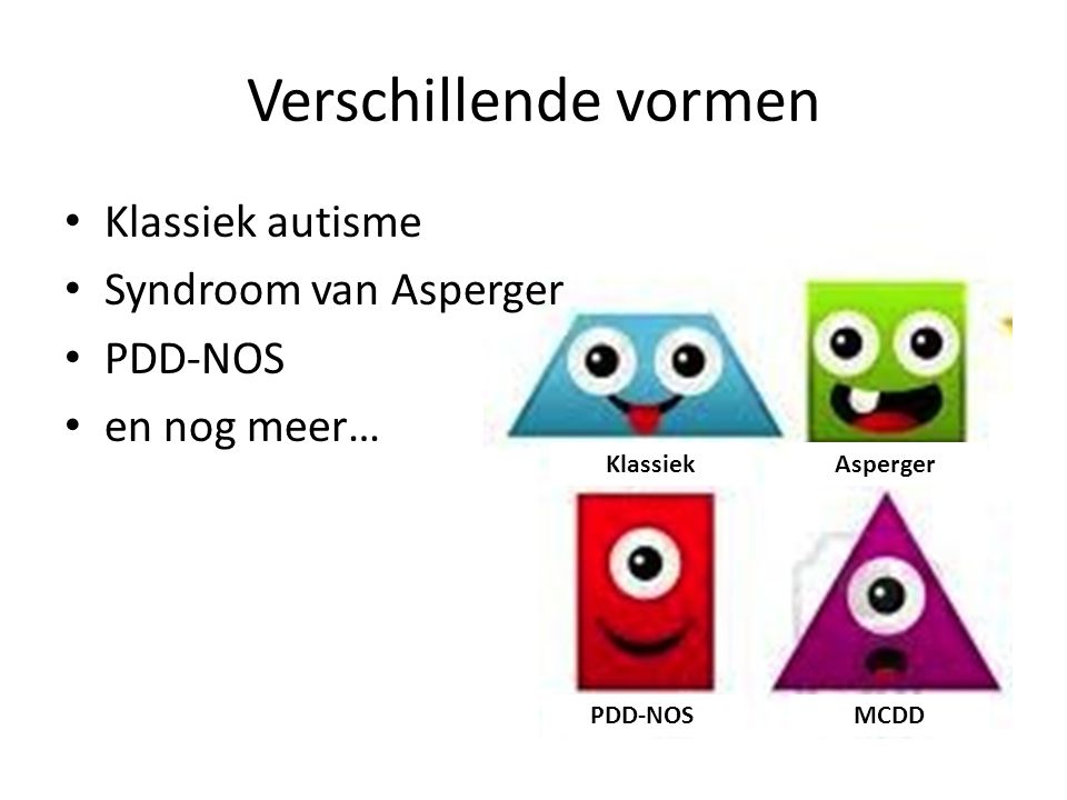 Verschillende vormen Klassiek autisme Syndroom van Asperger PDD-NOS