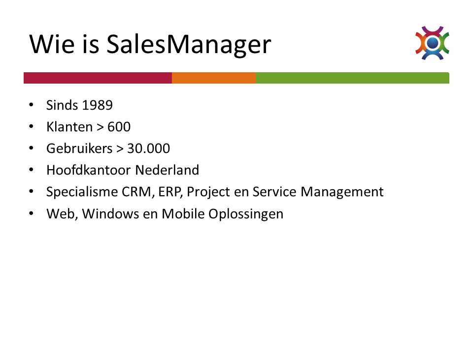 Wie is SalesManager Sinds 1989 Klanten > 600 Gebruikers >