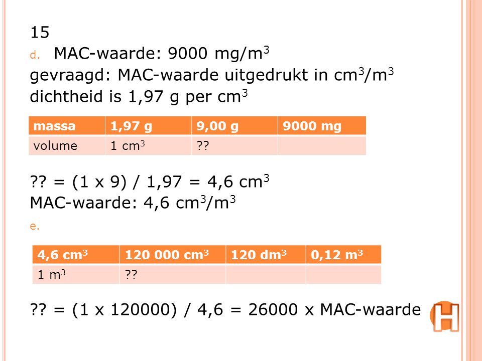 H 15 MAC-waarde: 9000 mg/m3 gevraagd: MAC-waarde uitgedrukt in cm3/m3
