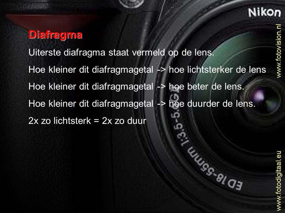 Diafragma Uiterste diafragma staat vermeld op de lens.