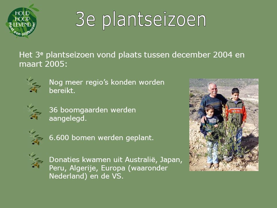 3e plantseizoen Het 3e plantseizoen vond plaats tussen december 2004 en maart 2005: Nog meer regio’s konden worden bereikt.