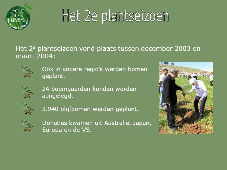 Het 2e plantseizoen Het 2e plantseizoen vond plaats tussen december 2003 en maart 2004: Ook in andere regio’s werden bomen geplant.