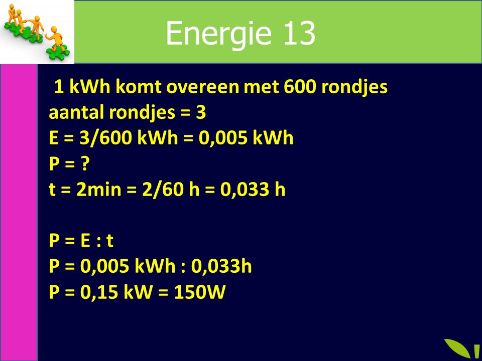 Energie 13 1 kWh komt overeen met 600 rondjes aantal rondjes = 3