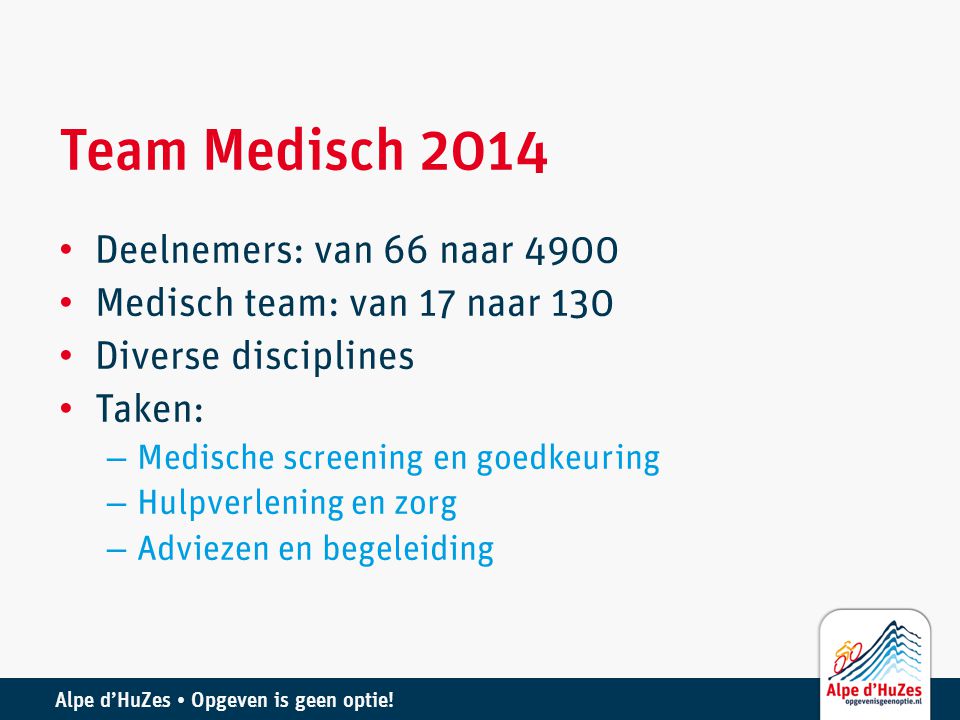 Team Medisch 2014 Deelnemers: van 66 naar 4900