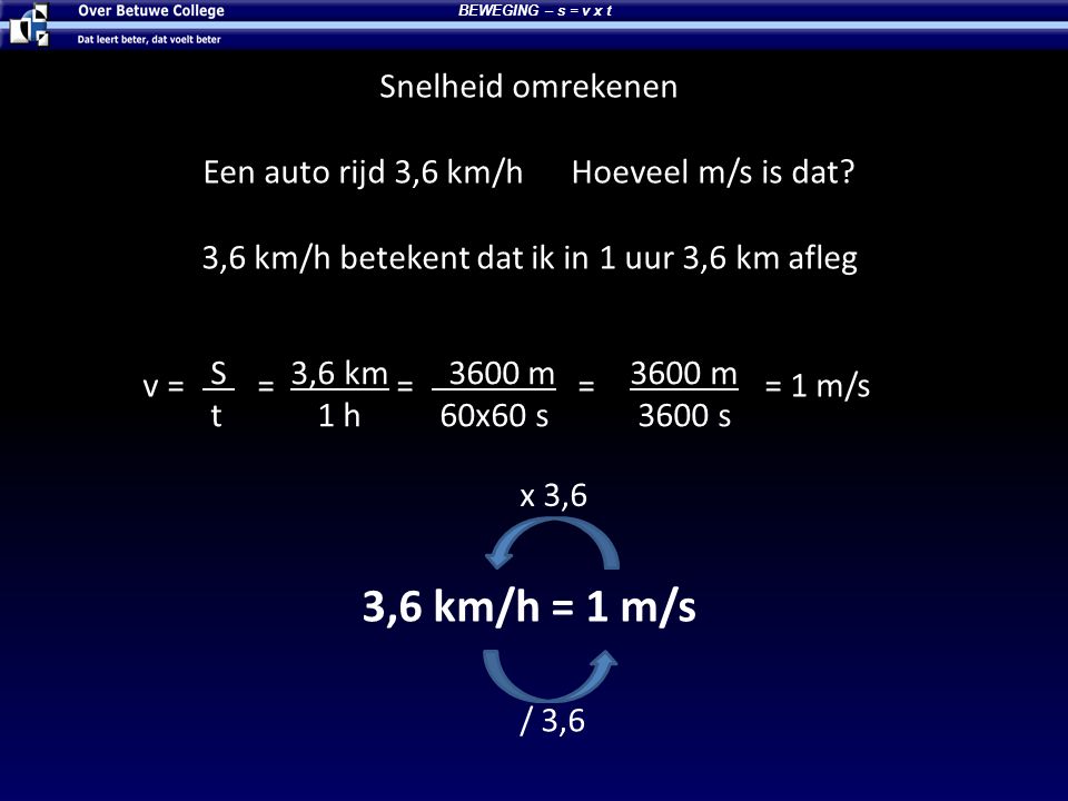 3,6 km/h = 1 m/s Snelheid omrekenen