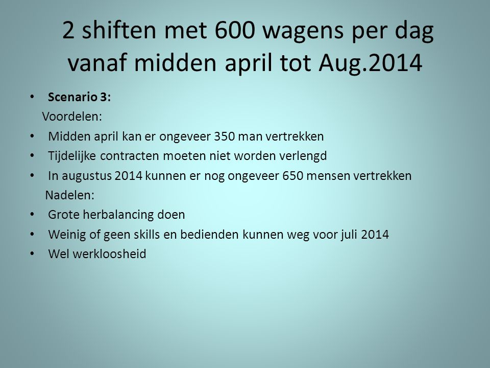 2 shiften met 600 wagens per dag vanaf midden april tot Aug.2014