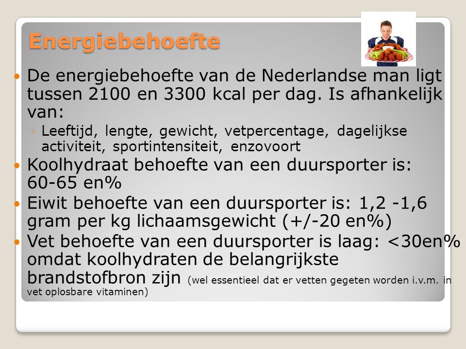 Energiebehoefte De energiebehoefte van de Nederlandse man ligt tussen 2100 en 3300 kcal per dag. Is afhankelijk van: