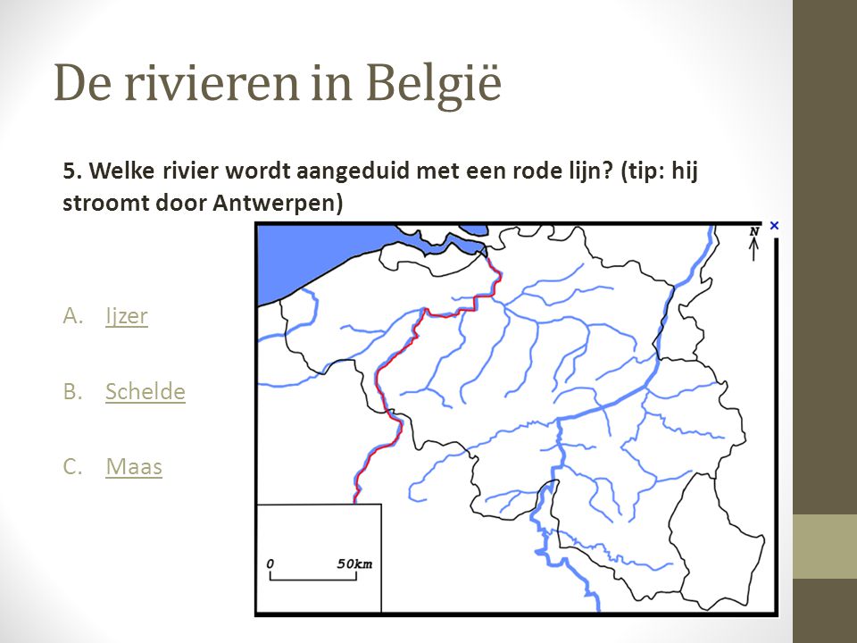 De rivieren in België 5. Welke rivier wordt aangeduid met een rode lijn (tip: hij stroomt door Antwerpen)