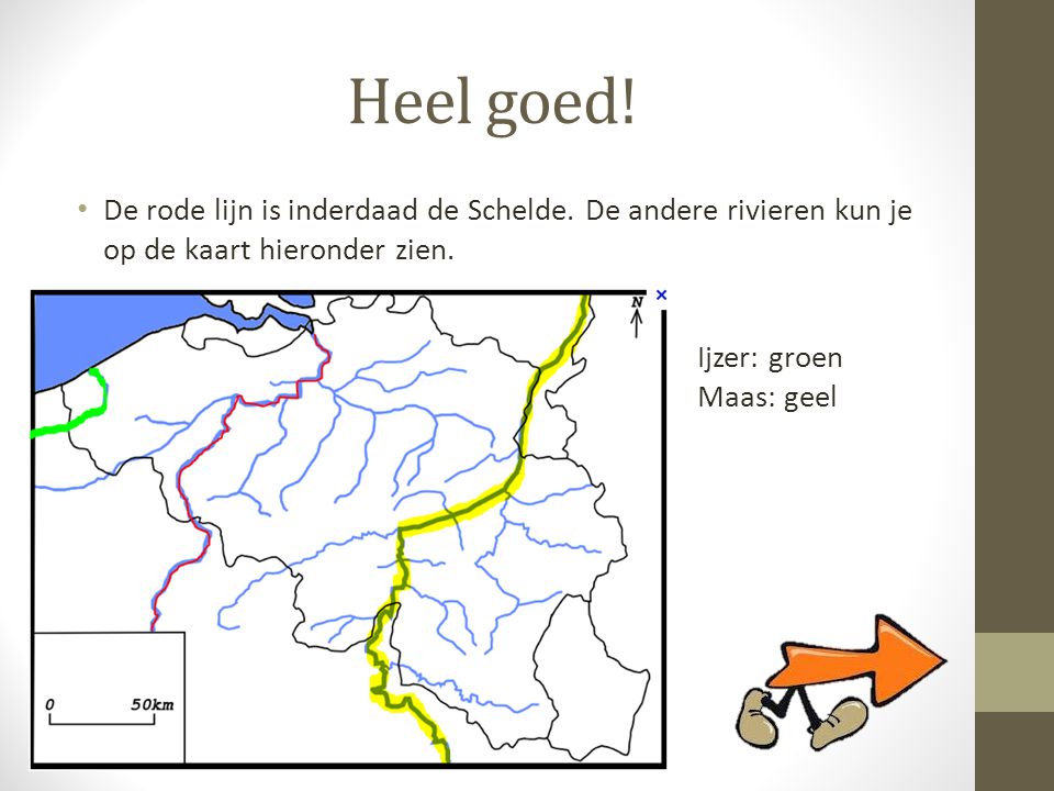 Heel goed! De rode lijn is inderdaad de Schelde. De andere rivieren kun je op de kaart hieronder zien.