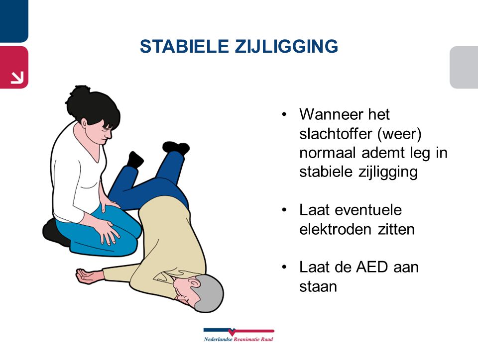 STABIELE ZIJLIGGING Wanneer het slachtoffer (weer) normaal ademt leg in stabiele zijligging. Laat eventuele elektroden zitten.