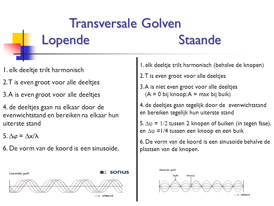 Transversale Golven Lopende Staande 1. elk deeltje trilt harmonisch