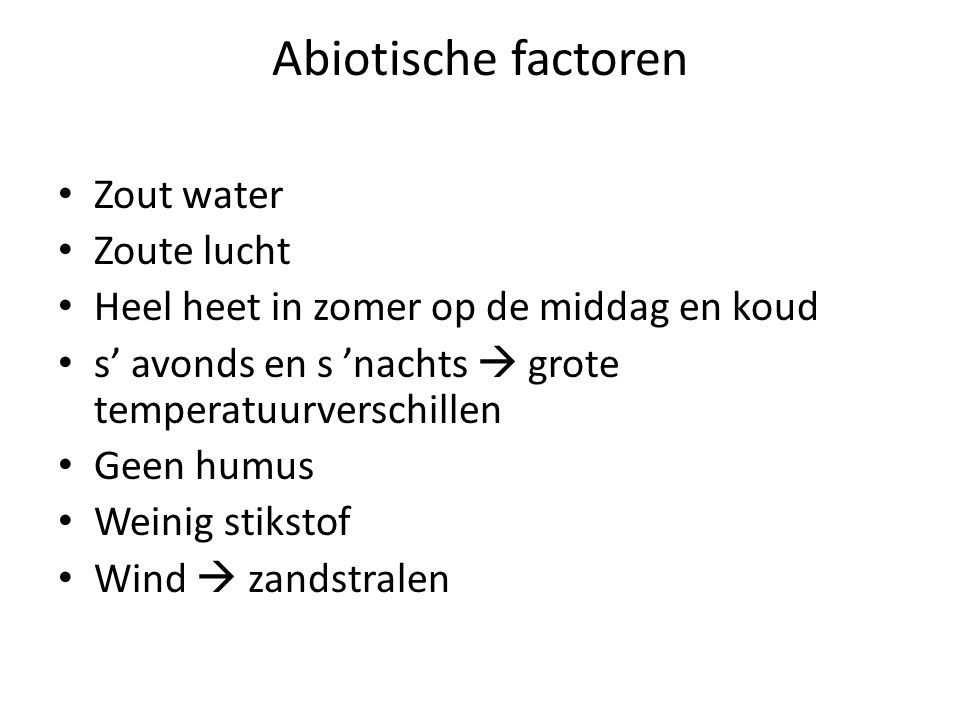 Abiotische factoren Zout water Zoute lucht