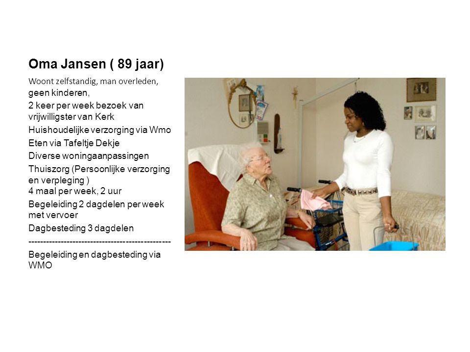 Oma Jansen ( 89 jaar) Woont zelfstandig, man overleden, geen kinderen,