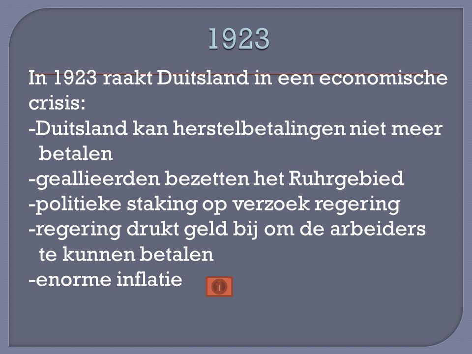 1923 In 1923 raakt Duitsland in een economische crisis: