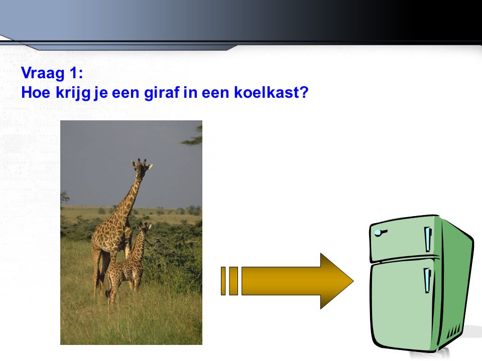 Vraag 1: Hoe krijg je een giraf in een koelkast