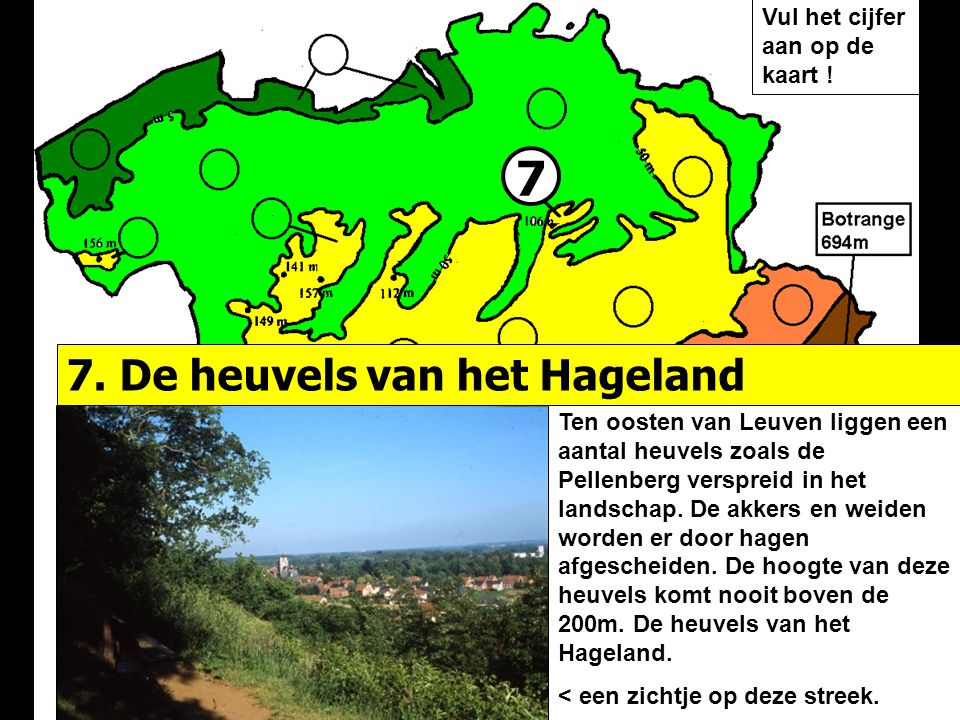 7 7. De heuvels van het Hageland Vul het cijfer aan op de kaart !