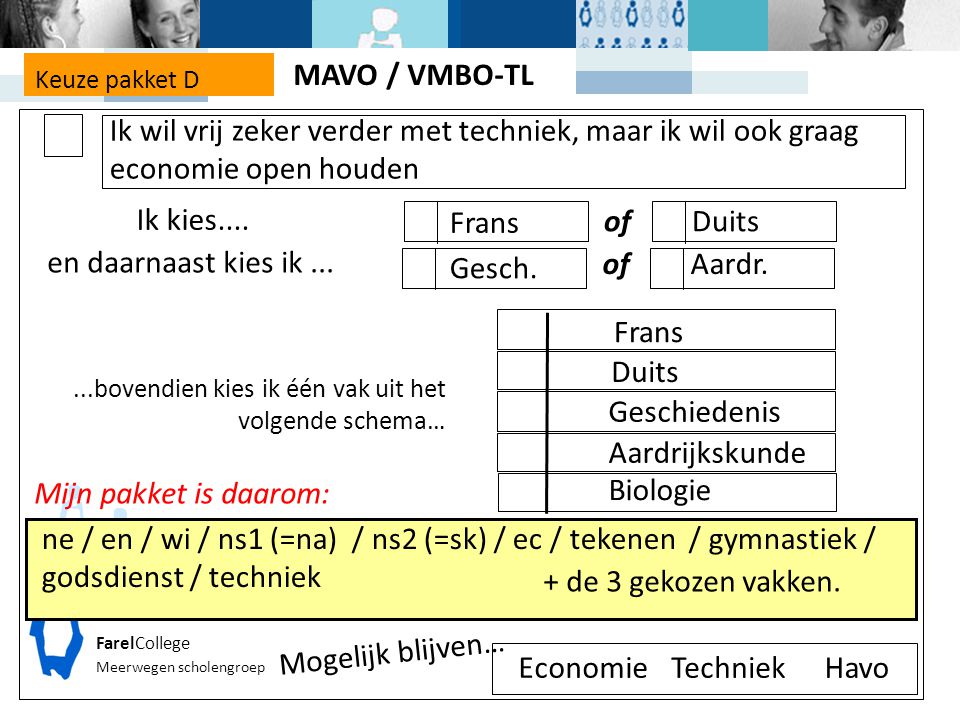 MAVO / VMBO-TL. Keuze pakket D. Ik wil vrij zeker verder met techniek, maar ik wil ook graag economie open houden.