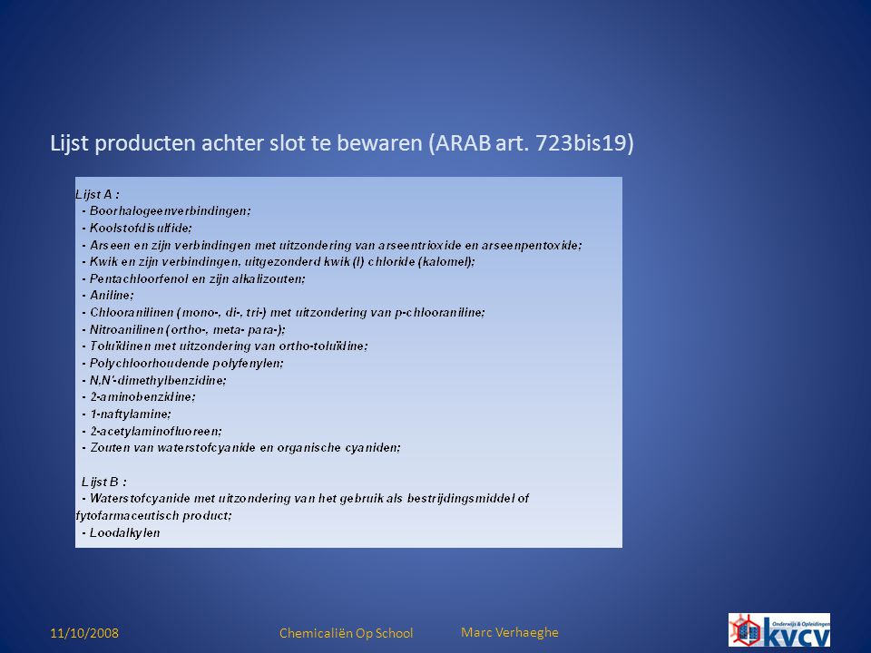 Lijst producten achter slot te bewaren (ARAB art. 723bis19)