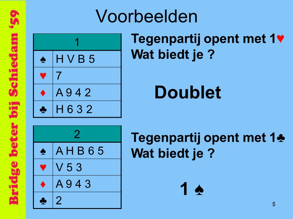Voorbeelden Doublet 1 ♠ Tegenpartij opent met 1♥ Wat biedt je