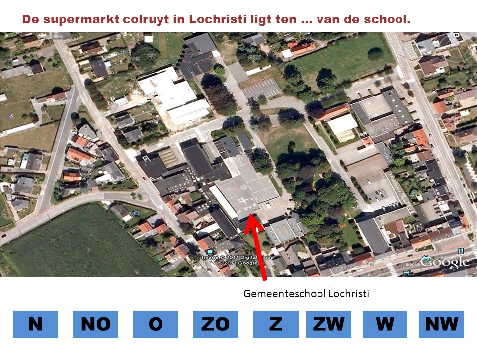 De supermarkt colruyt in Lochristi ligt ten … van de school.
