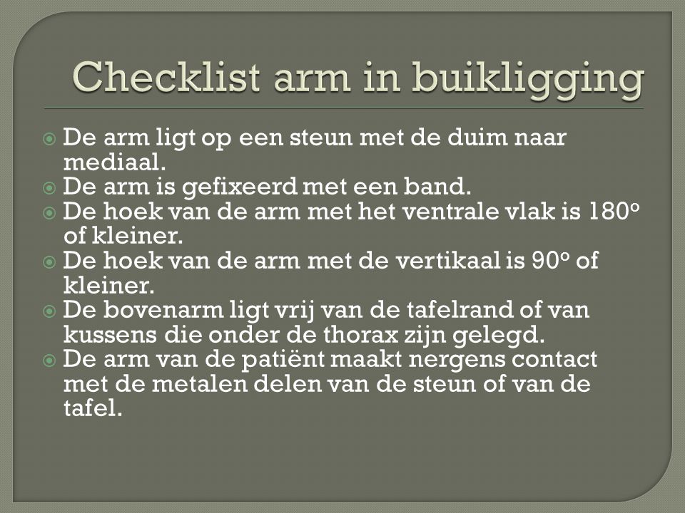 Checklist arm in buikligging