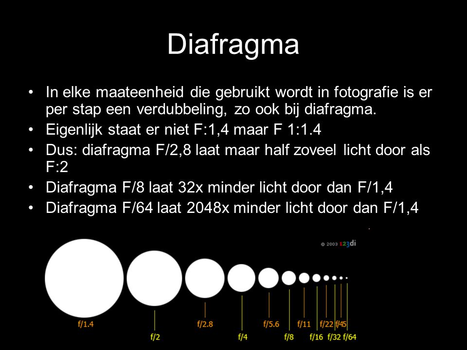 Diafragma In elke maateenheid die gebruikt wordt in fotografie is er per stap een verdubbeling, zo ook bij diafragma.
