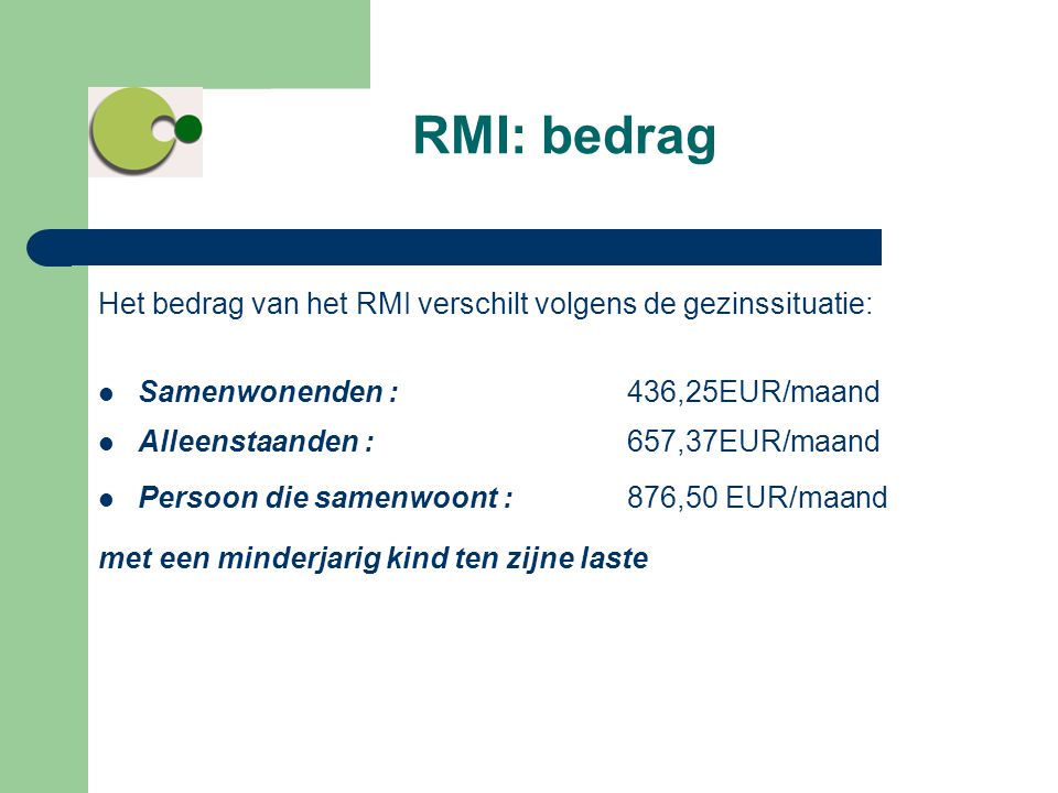 RMI: bedrag Het bedrag van het RMI verschilt volgens de gezinssituatie: Samenwonenden : 436,25EUR/maand.