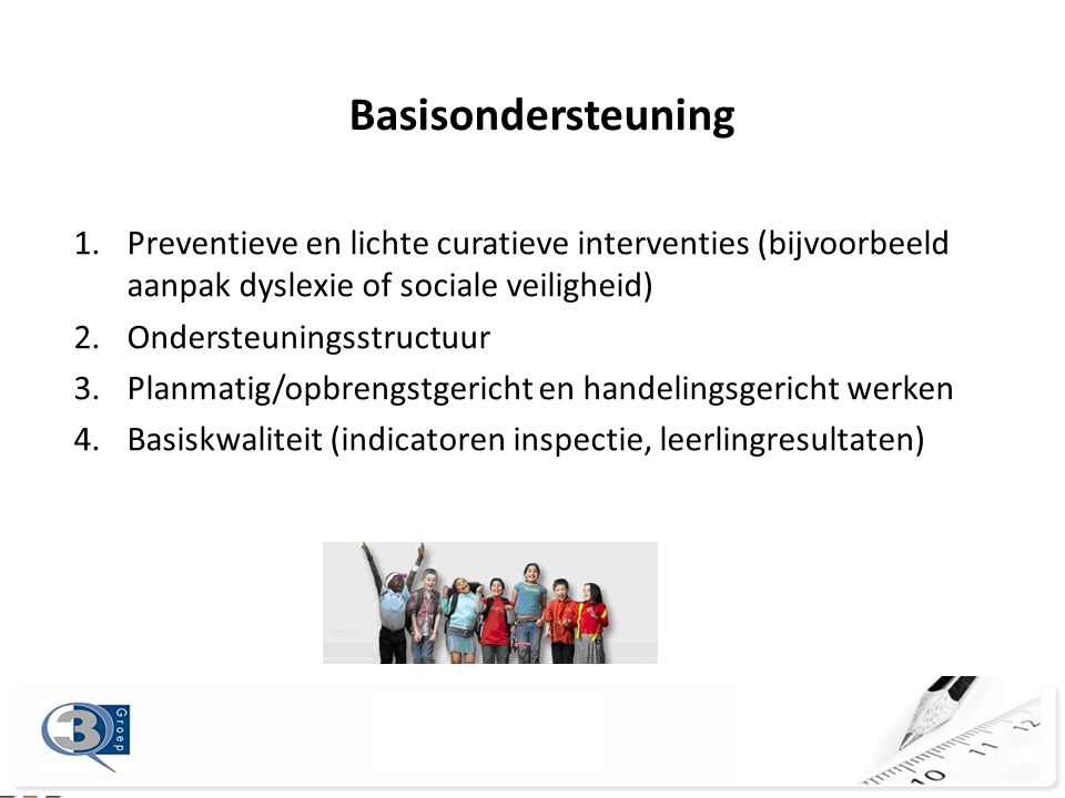 Basisondersteuning Preventieve en lichte curatieve interventies (bijvoorbeeld aanpak dyslexie of sociale veiligheid)