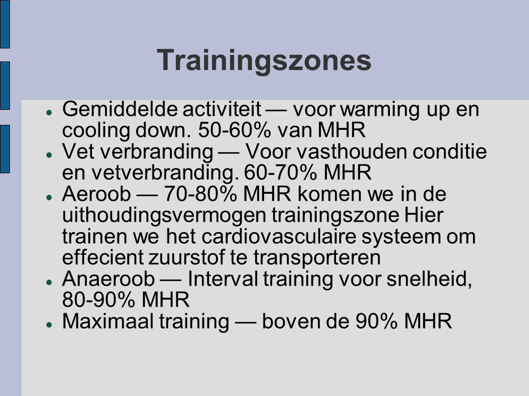 Trainingszones Gemiddelde activiteit — voor warming up en cooling down % van MHR.