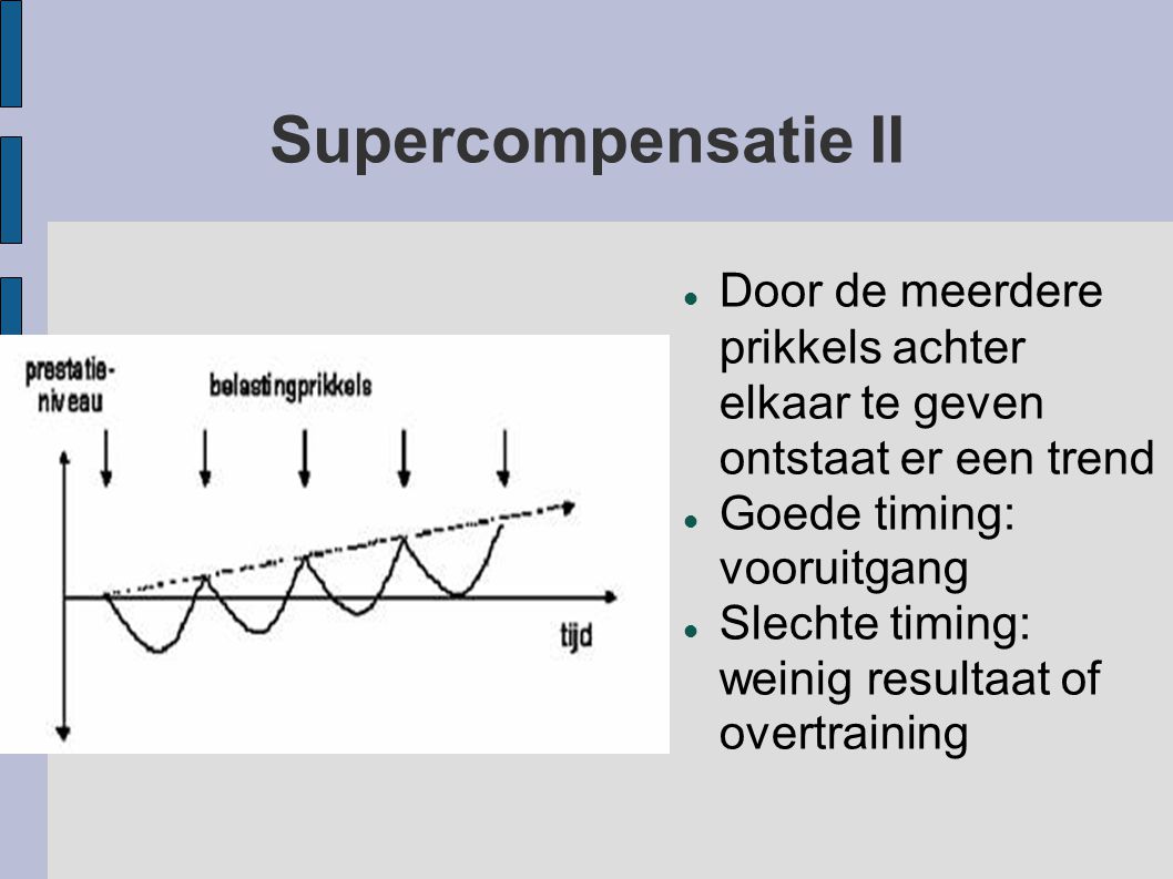 Supercompensatie II Door de meerdere prikkels achter elkaar te geven ontstaat er een trend. Goede timing: vooruitgang.