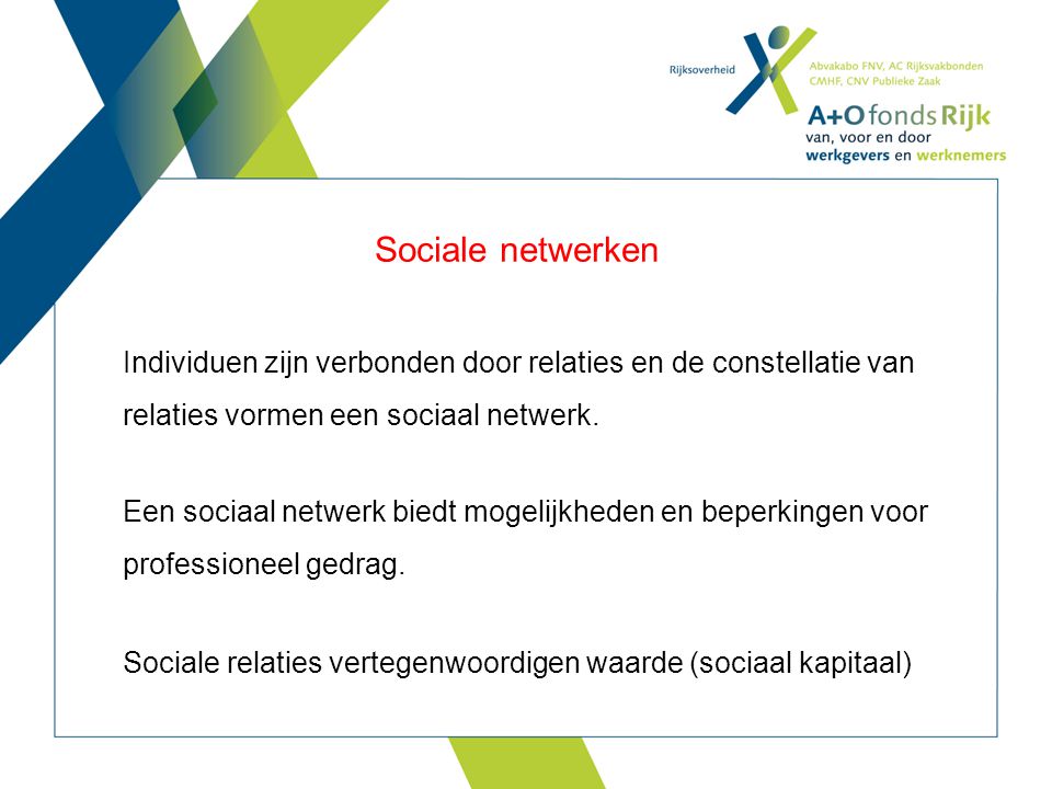 Sociale netwerken Lange onderzoekstraditie: autonome professional vs organisatie / management.