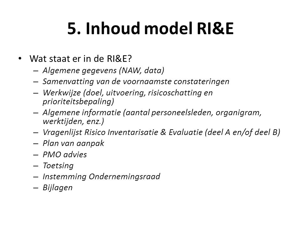 5. Inhoud model RI&E Wat staat er in de RI&E