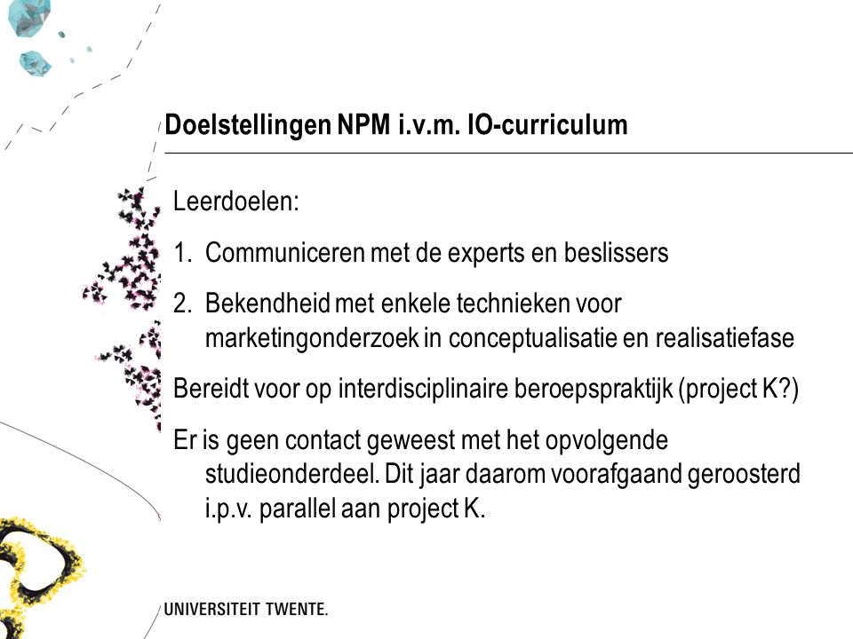 Doelstellingen NPM i.v.m. IO-curriculum