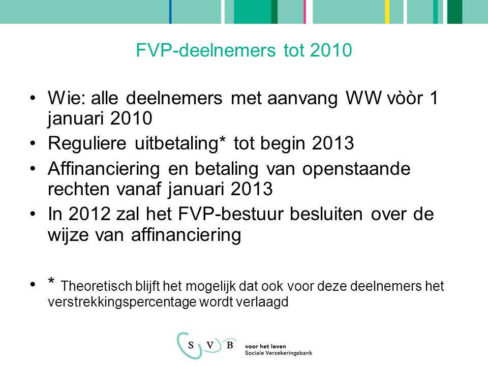 FVP-deelnemers tot 2010 Wie: alle deelnemers met aanvang WW vòòr 1 januari Reguliere uitbetaling* tot begin