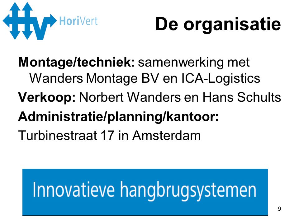 De organisatie Montage/techniek: samenwerking met Wanders Montage BV en ICA-Logistics. Verkoop: Norbert Wanders en Hans Schults.