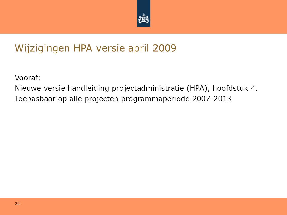 Wijzigingen HPA versie april 2009