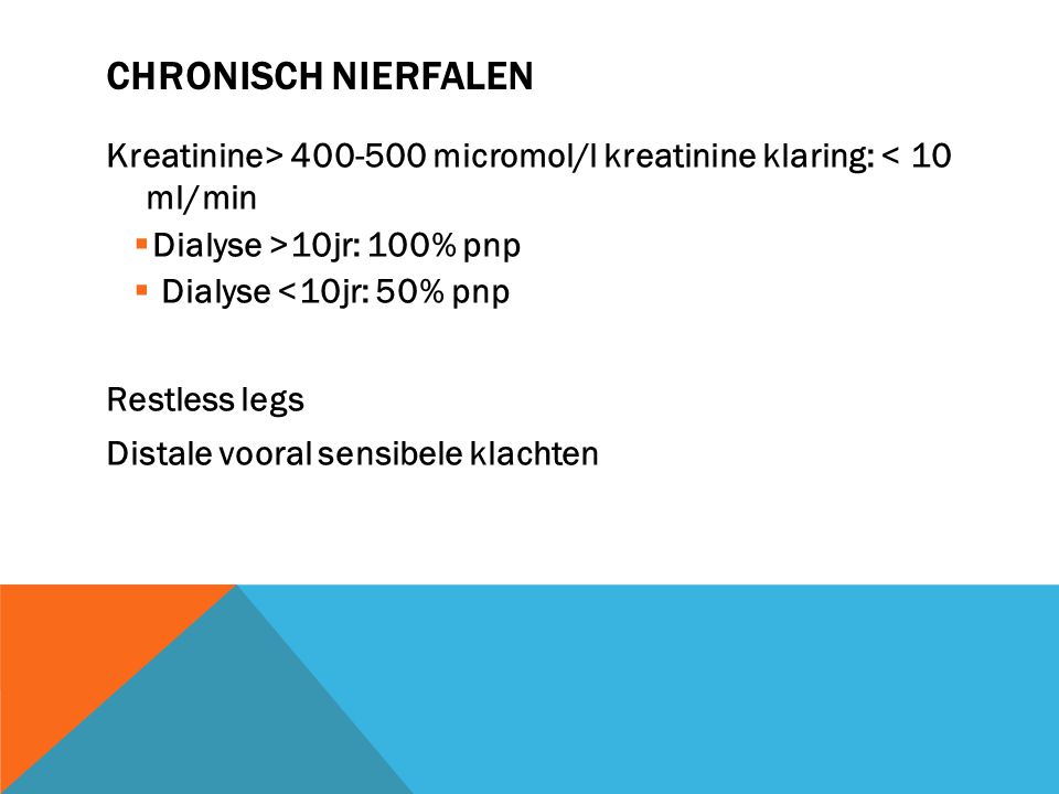 Chronisch nierfalen Kreatinine> micromol/l kreatinine klaring: < 10 ml/min. Dialyse >10jr: 100% pnp.