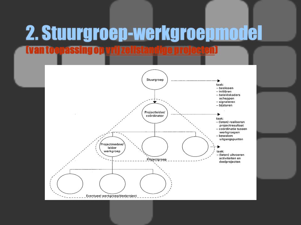 2. Stuurgroep-werkgroepmodel (van toepassing op vrij zelfstandige projecten)