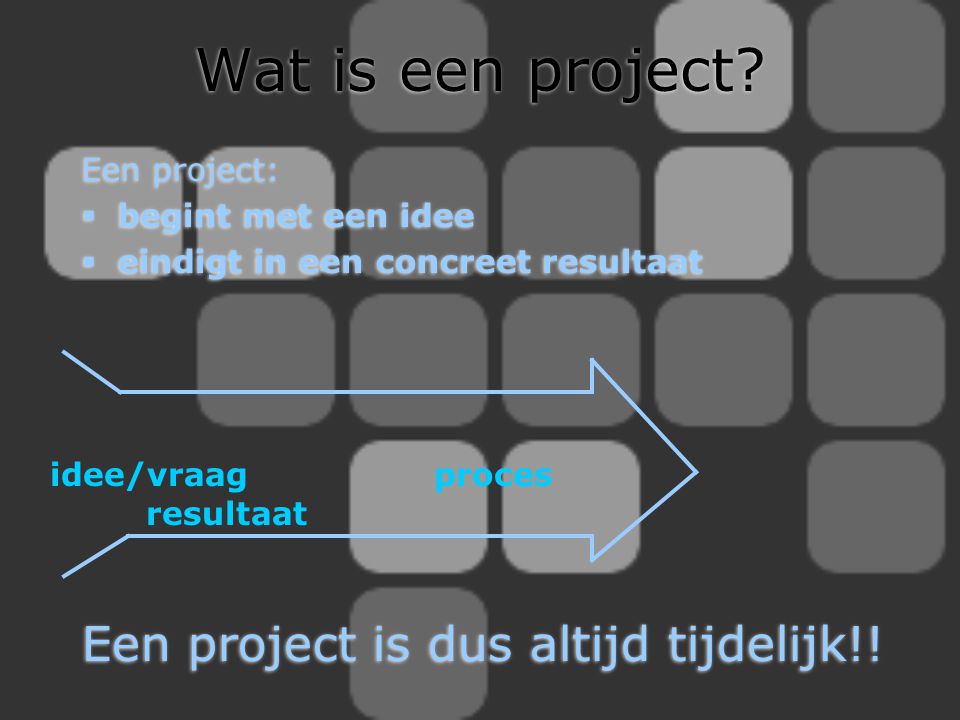 Wat is een project Een project is dus altijd tijdelijk!! Een project: